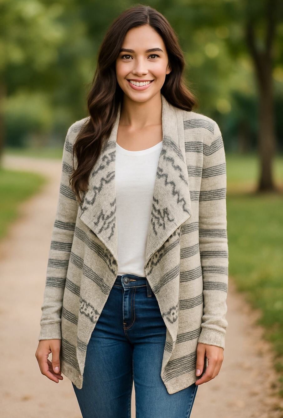 Lucky Brand Cardigan Sweater Womens Medium Open Front Aztec Boho Gray Cream Knit